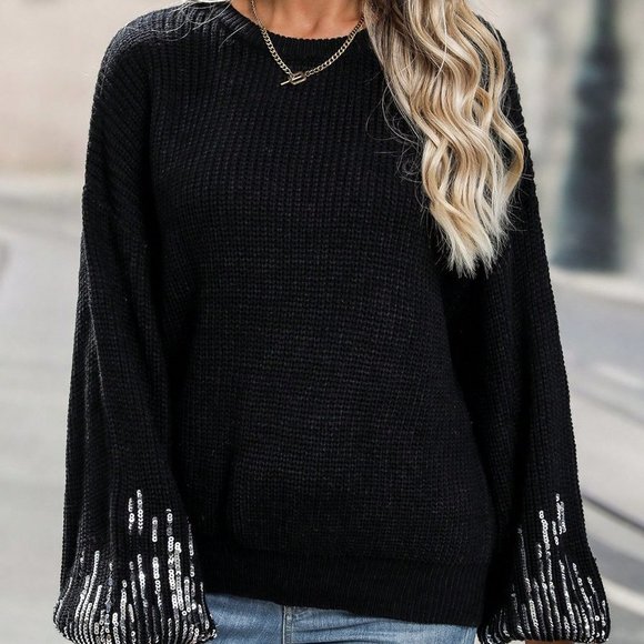 Black Preppy Womens Contrast Sequin Drop Shoulder Sweater - Picture 3 of 5